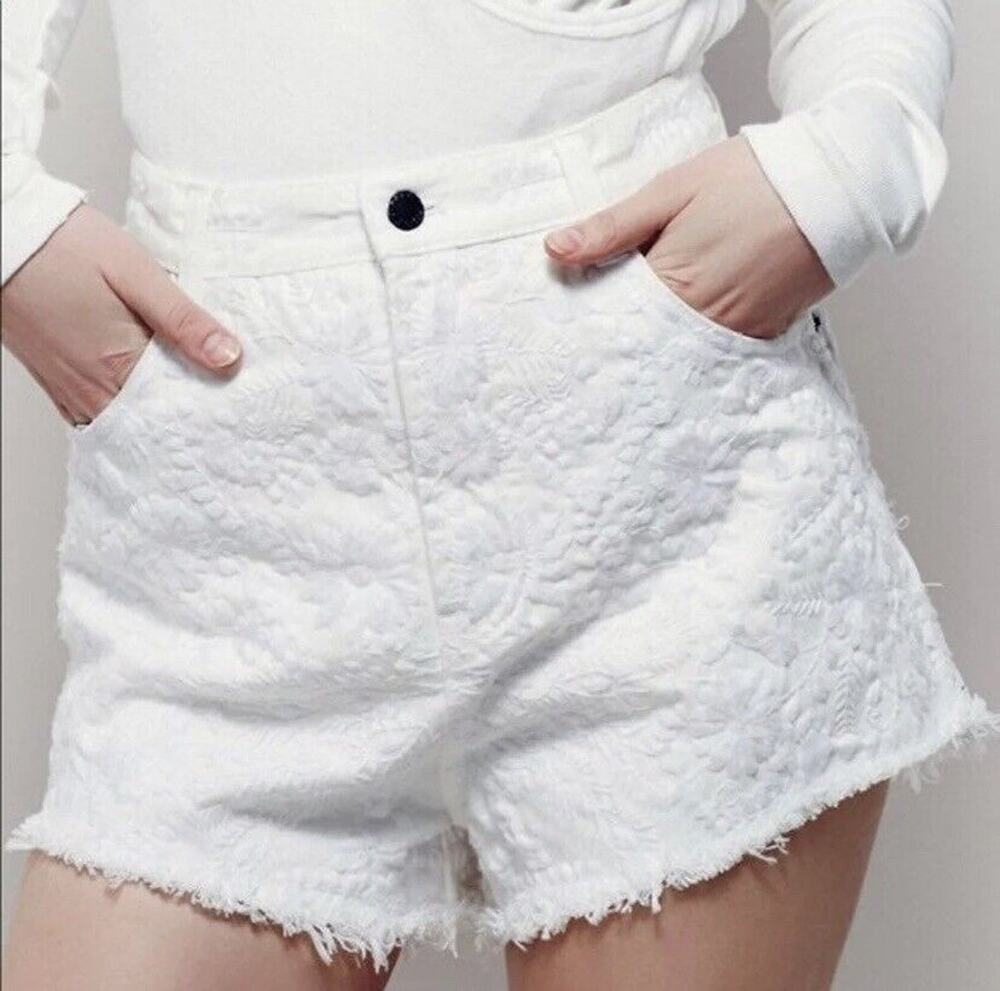Free People White Etienne Field Ultra High Rise Embroidered Shorts 30